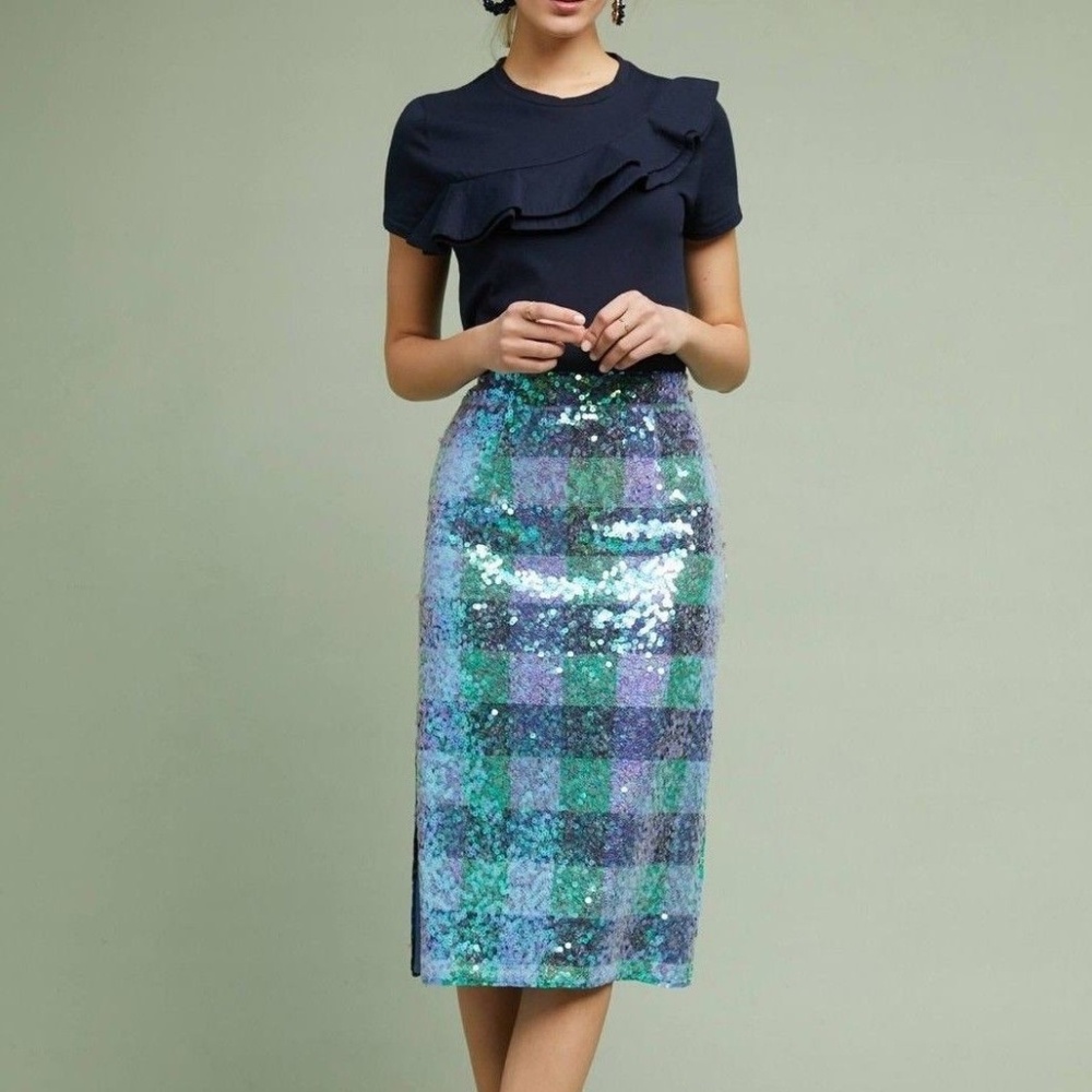 Anthropologie Blue and Green Sequin Midi Skirt